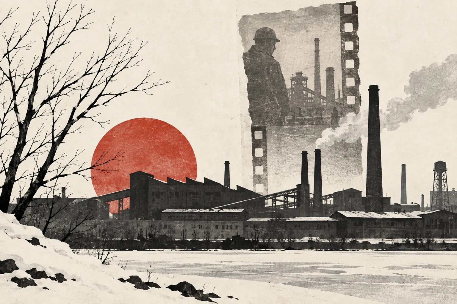 Editorial collage of factory rooflines, bare branches and a film frame.